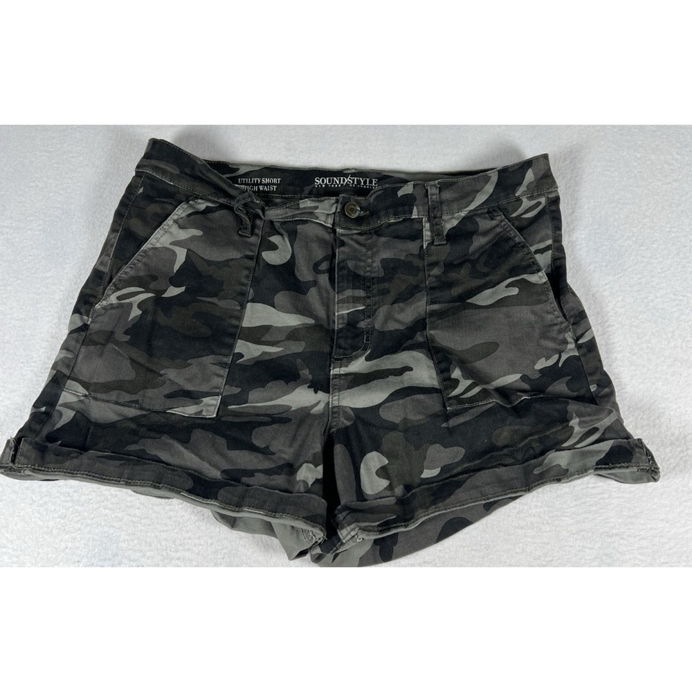 Soundstyle Utility Shorts Womens 16 Grey Camo High Waist Comfort Stretch Twill